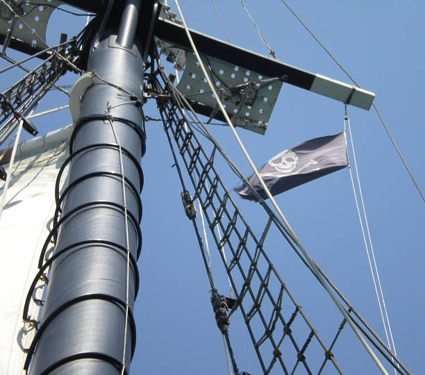 Subject: Looking upward at a Jolly Roger skull and crossbones pirate flag waving atop the pole of a pirate ship mast, leaning into the wind under a dark, cloudy, stormy, ominous sky.