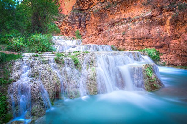 Beaver Falls Havasu Canyon Grand Canyon scenic area with aquamarine water in magical red rock canyon.  harasu canyon stock pictures, royalty-free photos & images