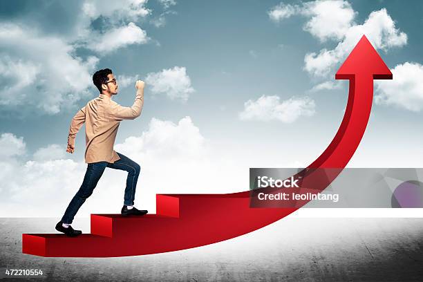 Business Man Step On Red Arrow Stock Photo - Download Image Now - Clambering, Staircase, Graph