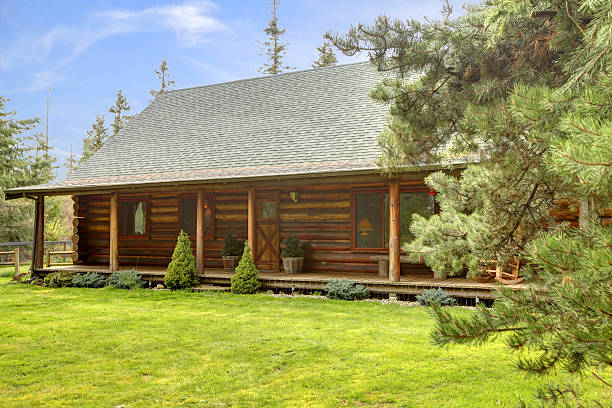 istock Rustic log cabin front porch exterior. 472213753