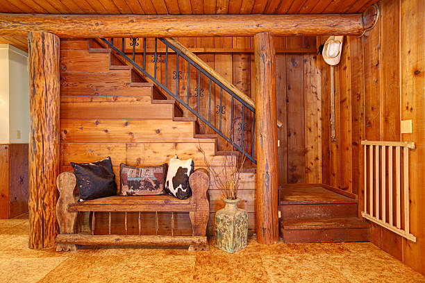 istock Rustic log cabin stairace and bench details. 472213759
