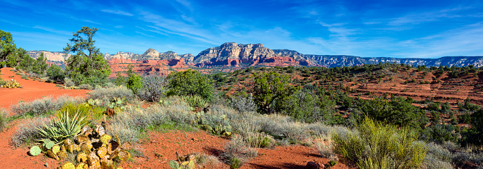 Panoramic view to red rock formations, Bear Mountain, in the background and trees and bushes in the foreground under a nice cloudy sky. Location is North of West Sedona, Arizona. 