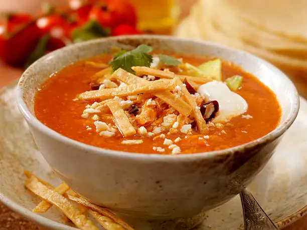 Authentic Mexican Tortilla Soup - Crispy tortilla stripes smothered in a chipotle tomato broth, garnished with chile pasilla, avocado slices, queso fresco (fresh cheese), sour cream, shredded chicken and radish slices. - Photographed on Hasselblad H3D2-39mb Camera