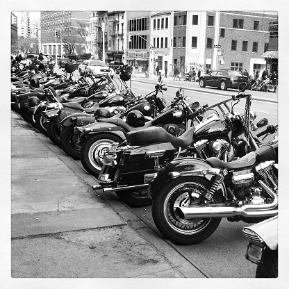 New York, NY, USA- March 16, 2014: A lot of Harley Davidson motorcycles lined up on The Bowery in Manhattan.