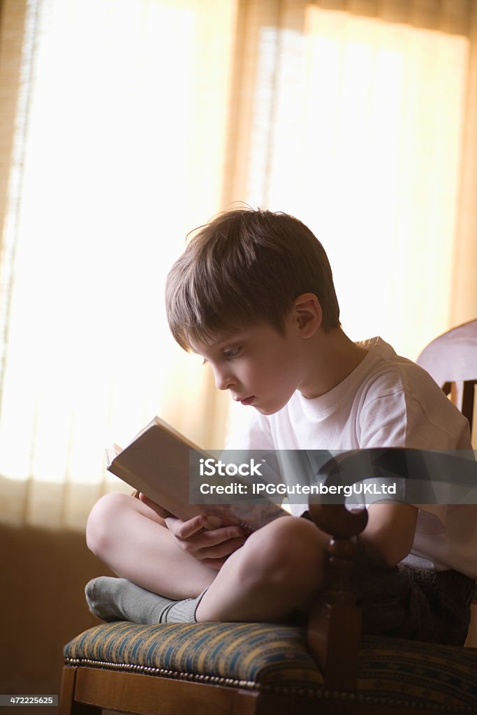 Boy Reading Book On Chair At Home Full length of young boy reading book on chair at home Book Stock Photo