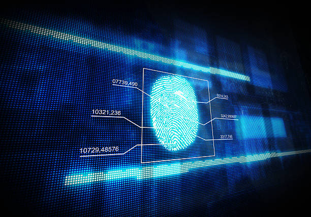ブルーデジタル指紋 - fingerprint security system technology forensic science ストックフォトと画像