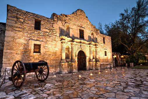 A high dynamic range image of the Alamo in Texas at twilight.