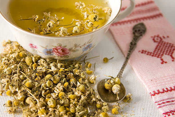 infusión de manzanilla - flores secas fotografías e imágenes de stock