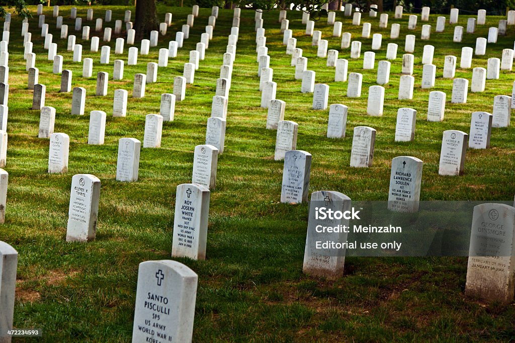 Gravestones on Arlington National Cemetery Arlington, USA - July 15, 2010: Gravestones on Arlington National Cemetery in Washington , USA. Headstones mark soldier graves who died in every conflict from Revolution to Sept 11. Arlington - Virginia Stock Photo