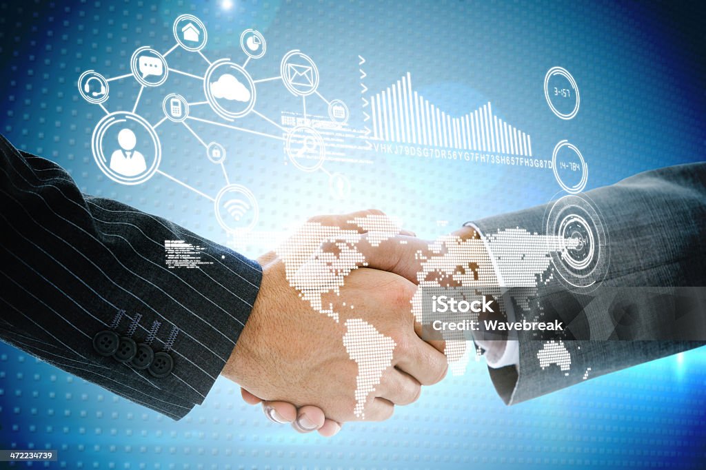Business handshake with interface and map Digital composite of business handshake with interface and map Adult Stock Photo