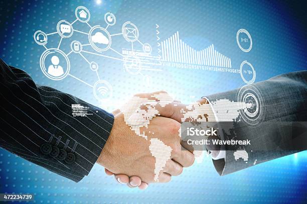 Business Handshake With Interface And Map Stock Photo - Download Image Now - Adult, Blue, Business