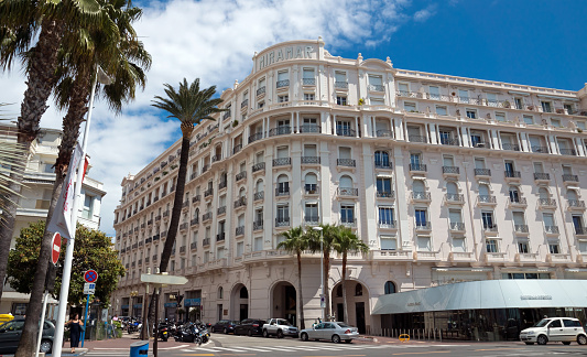 Cannes, France - May 6, 2013: Luxury hotel Croisette Miramar. Located on the famous La Croisette. Built in the early 1900s as a luxury hotel.