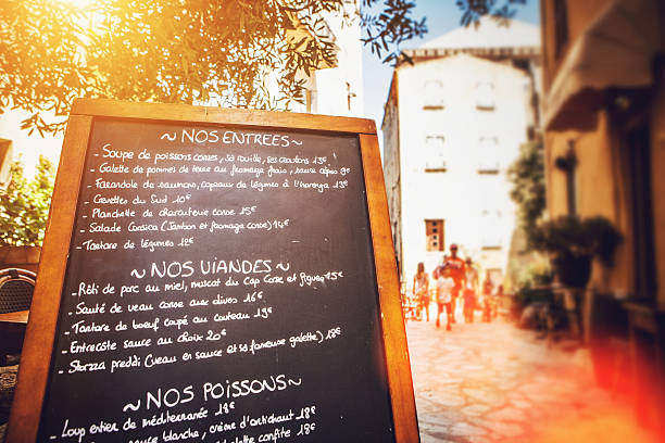 Menu of the restaurant of the local cafe. Paris, France - July 28 2018.