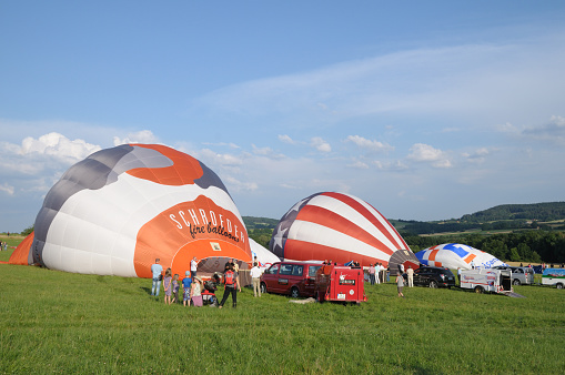 Hummeltal, Germany – July 25, 2014: ballooning festival named Montgolfiade with hot air balloons