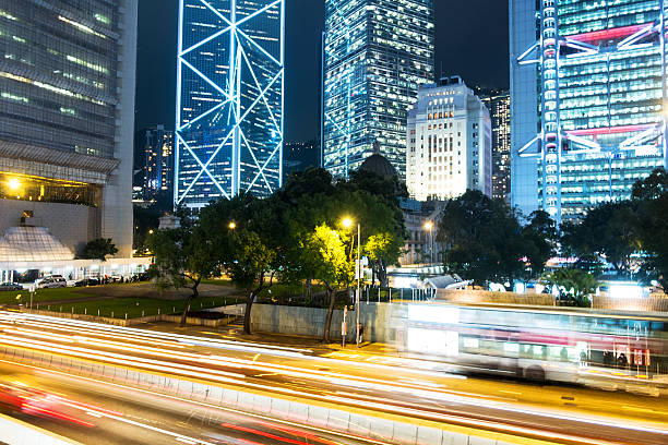 scena notturna della città moderna, shanghai - travel urban scene blurred motion shanghai foto e immagini stock