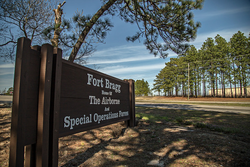 Fort Bragg, USA - February 4, 2014: The sign at the entrance of Fort Bragg, NC. 