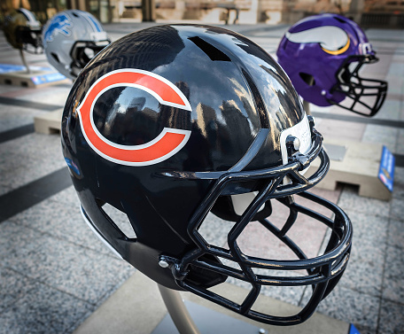 Chicago, IL , USA-April 19th 2015: Big helmets in downtown Chicago, getting ready for the NFL draft.