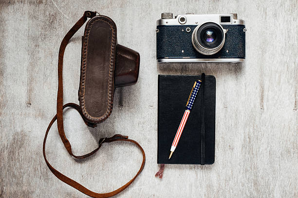 istock Men's Accessories , on a wooden background Retro camera notebook pen 472254216