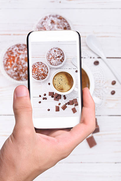 istock Hands taking photo cup of coffee with cake with smartphone. 472254764