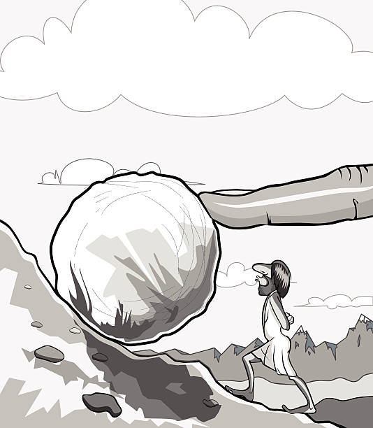 sisyphus катить в боулдер - rock rolling pushing stone stock illustrations