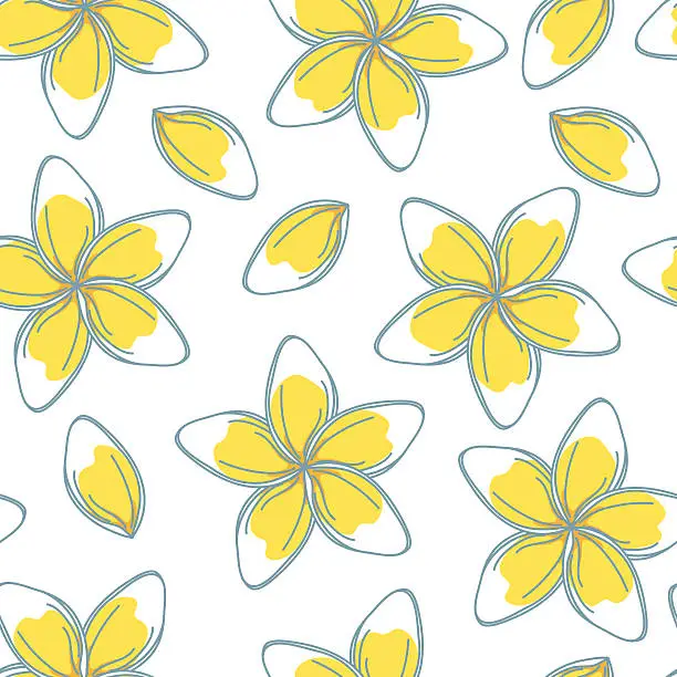 Vector illustration of Sketchy Frangipani Flowers Seamless Pattern