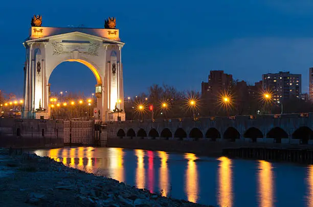Arch to the pier first gateway of the Volga-Don Canal Lenin, view after sunset