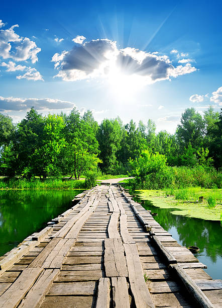 Sun over wooden bridge through calm river