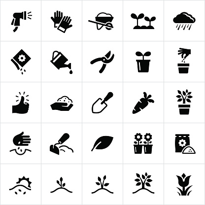 Icons related to gardening and landscaping. The icons symbolize common gardening tools and equipment, plants and planting, and gardening concepts in general.