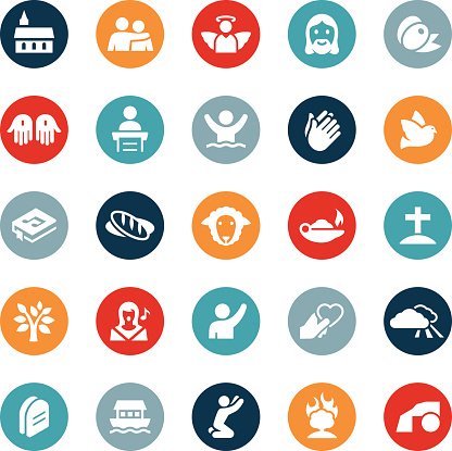 Icons related to Christianity and religion. The vector icons show symbols of worship, praise, church, religion, fellowship and the Savior Jesus Christ to name just a few.