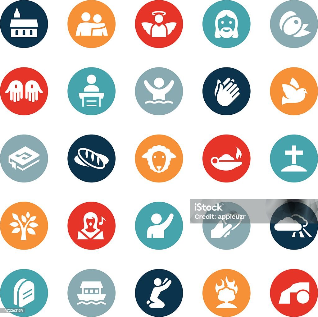 Christianity and Religion Icons Icons related to Christianity and religion. The vector icons show symbols of worship, praise, church, religion, fellowship and the Savior Jesus Christ to name just a few. Icon Symbol stock vector