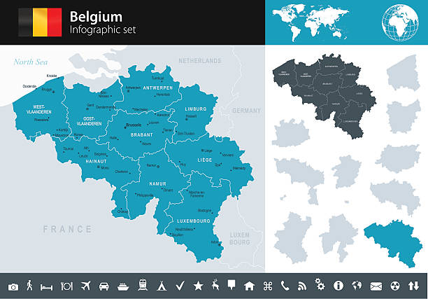 belgien – infografik karte-illustration - belgien stock-grafiken, -clipart, -cartoons und -symbole