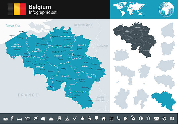 Belgium - Infographic map - illustration Vector maps of Belgium with variable specification and icons bergen stock illustrations