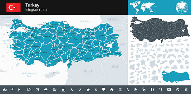 türkei – infografik karte-illustration - sivas stock-grafiken, -clipart, -cartoons und -symbole