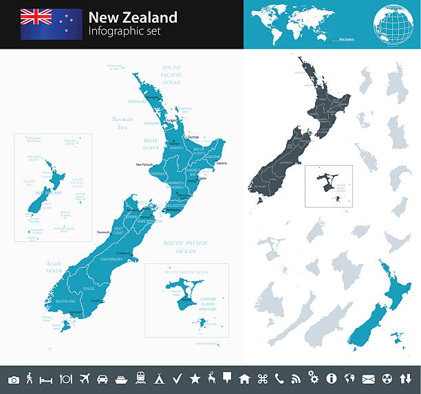 ilustraciones, imágenes clip art, dibujos animados e iconos de stock de mapa de nueva zelanda-infografía-ilustración - auckland region