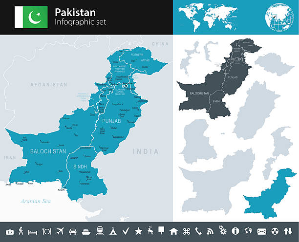 pakistan-infografik karte-illustration - pakistan stock-grafiken, -clipart, -cartoons und -symbole