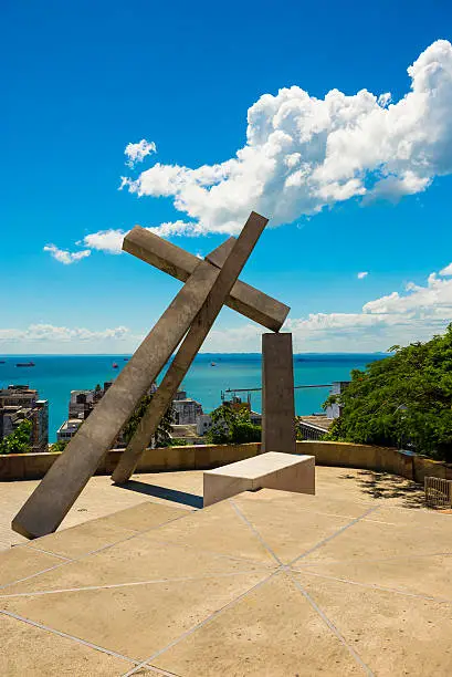 View from the cross monument at upper town by the Elevator Lacerda and the stunning Baía de Todos os Santos in the background in Salvador, Bahia - Brazil