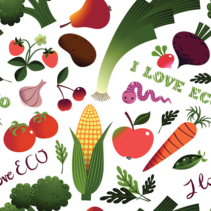Colorful Images Eco Fruit and Vegetables Pattern. RGB.