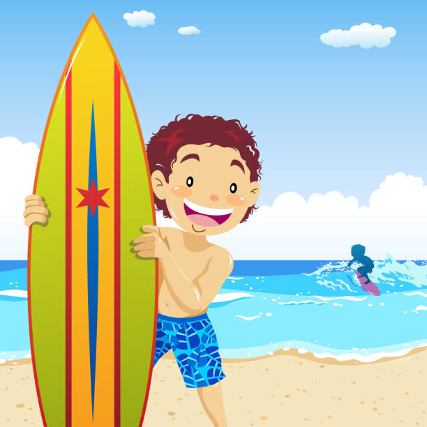 illustrations, cliparts, dessins animés et icônes de jeune garçon tenant la planche de surf - fun sport teenager laughing