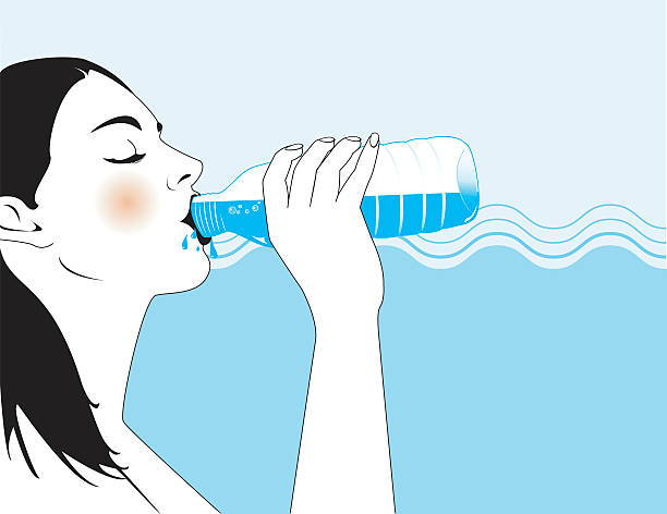 stockillustraties, clipart, cartoons en iconen met illustration of a woman drinking water against ocean waves - drinking water