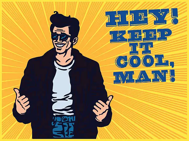 Vector illustration of Stay cool! Dude leather jacket rockabilly pompadour hairstyle thumbs up