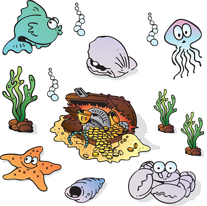 Cartoon style illusrations of different sea creatures, all separate objects.