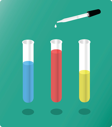 Three test tubes containing different colors of liquid with eye dropper squirting drop.