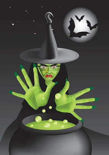 Vector illustration of Green wicked witch with cauldron