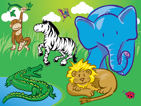 The whole gang is here...7 of my happy little jungle animals all in one scene. Each is grouped and individually selectable.