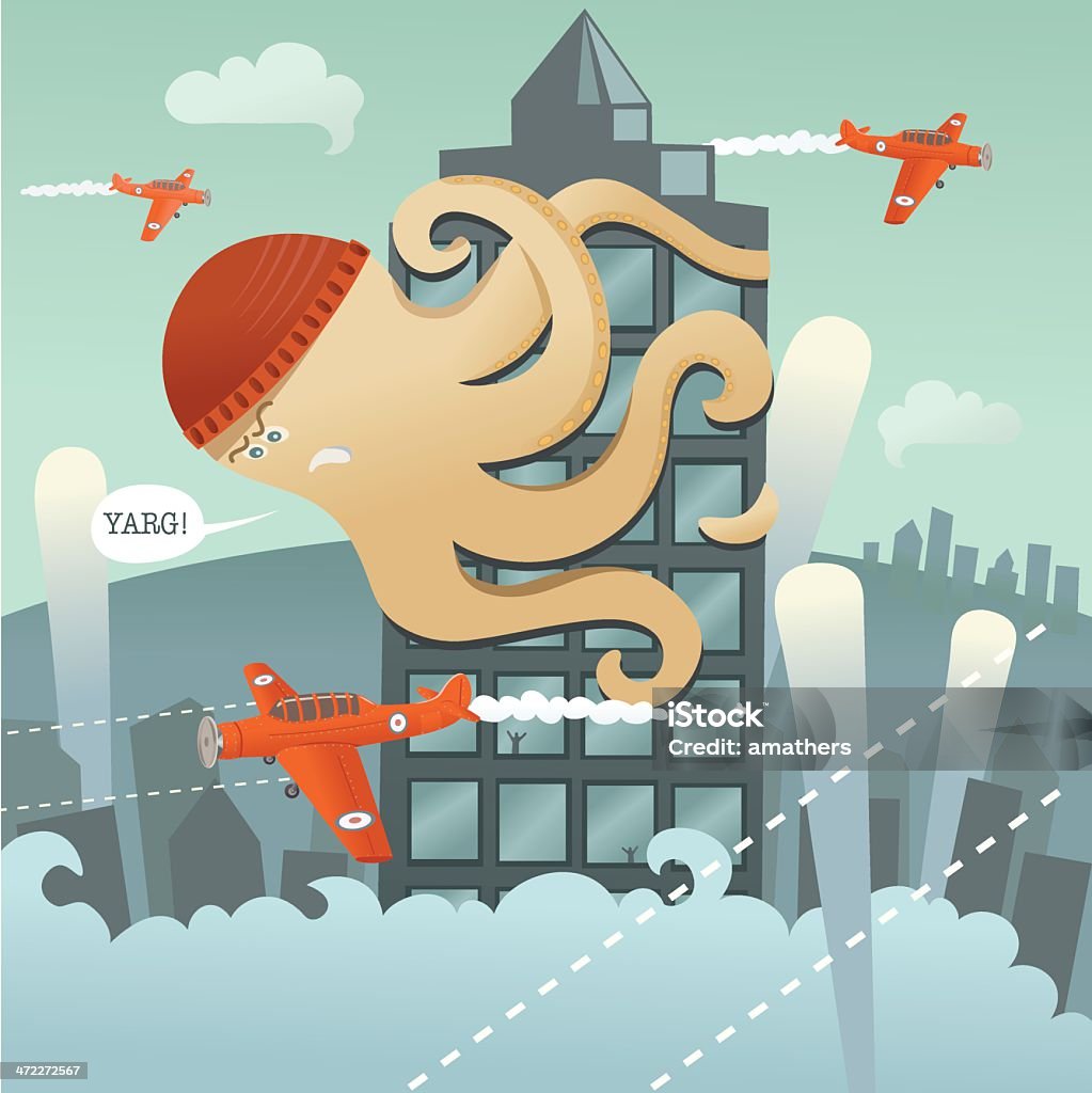 Giant Angry Octopus Climbing Tower with Planes Flying Around Objects separately grouped for easy use. City stock vector