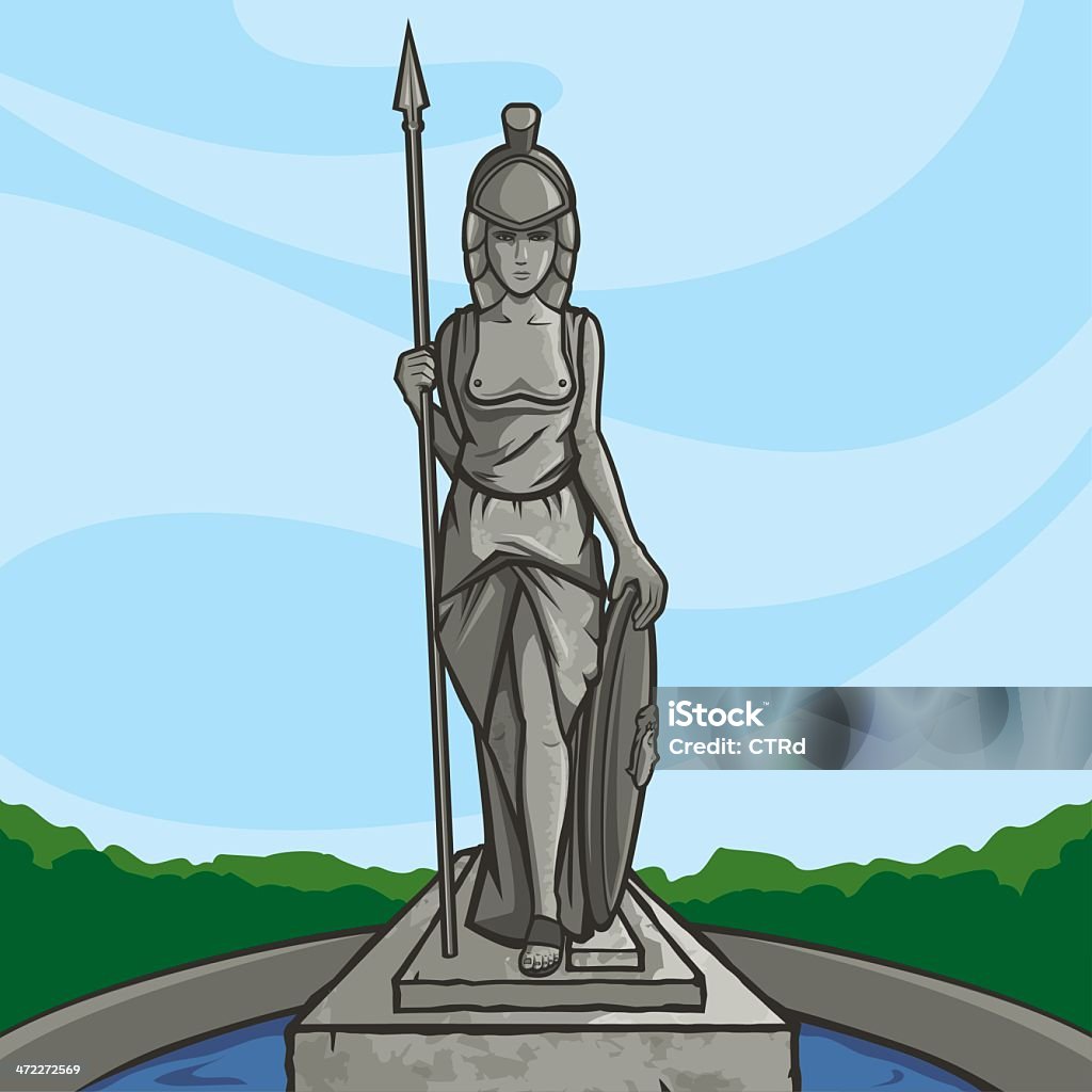 Minerva Vector illustration of roman goddess Minerva. She was born from Jupiter´s head, when he was having a terrible headache and Vulcan opened it up. She came out dressed in armor and with a shield. She is the goddess of crafts, wisdom and the intelectual side of war. Statue stock vector