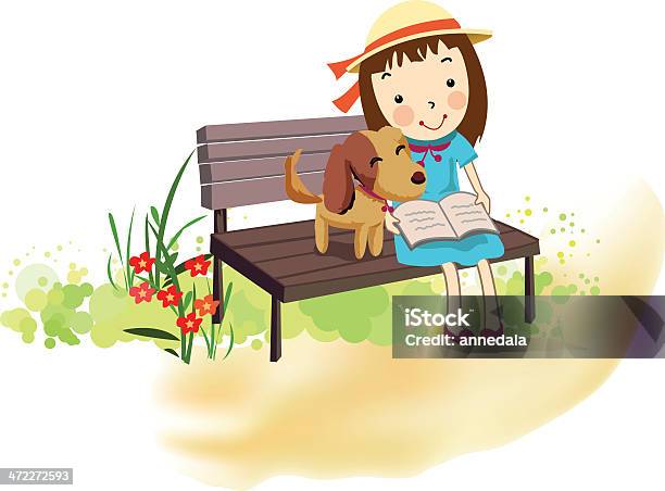 友情の女性と彼女のペットの犬 - 読むのベクターアート素材や画像を多数ご用意 - 読む, ベンチ, 子供