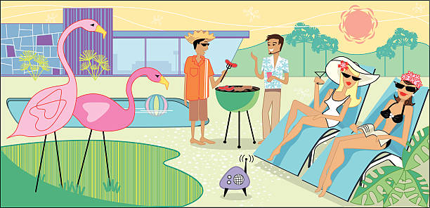 Kitsch style illo. Friends out in the yard sunbathing and BBQing. 