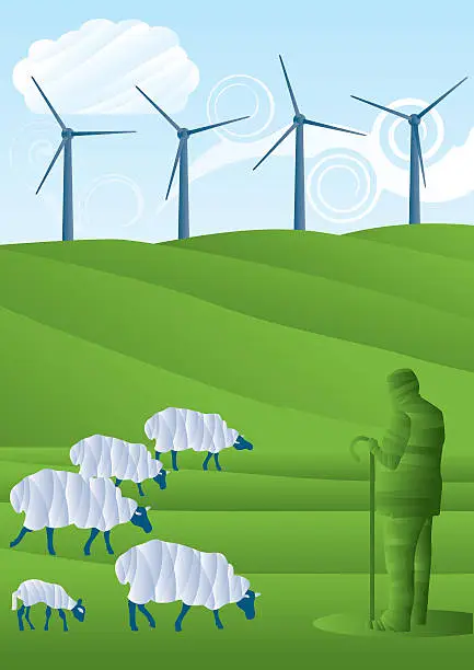 Vector illustration of Sheep, Farmer and Wind farm