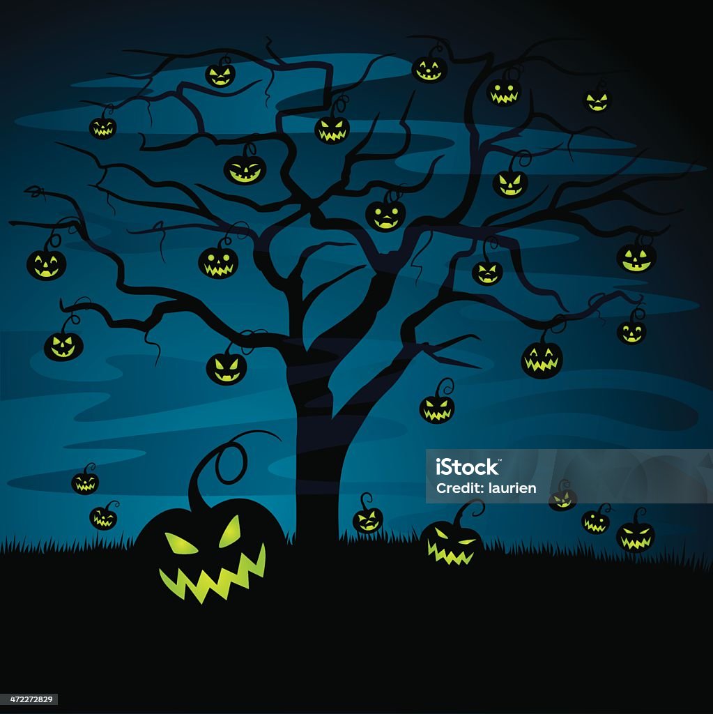 Jack O'Lantern Tree en la noche de Halloween - arte vectorial de Azul libre de derechos